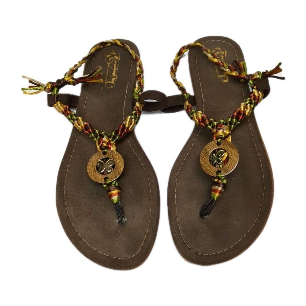 Kavanda Sandals Women 9 Braided Staps Multicolor Butterfly Thong Open Flats Boho
